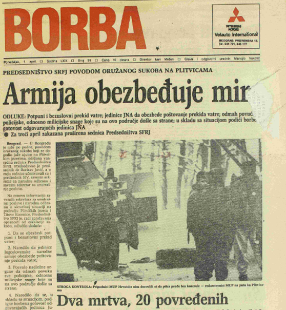 Извор: Борба/ 1.4.1991. дан након сукоба у Плитвицама